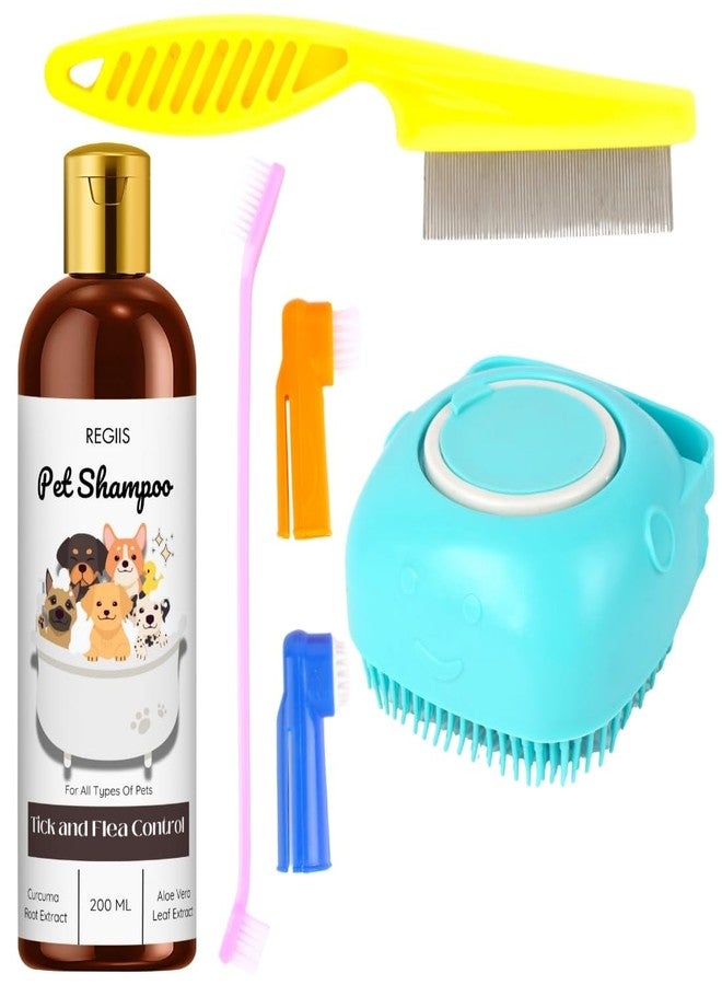 REGIIS Regis Pet Grooming Set with Tick and Flea Control Shampoo, 200ml, Dog Brush Combs in Blue, Yellow, Pink, Orange, Pet Care Kit(Pack of 4) - Image 1